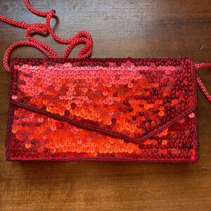 Red Sequin Envelope Clutch w/ Braided Cord Strap 8” x 4” x 1.25”  Evening Bag